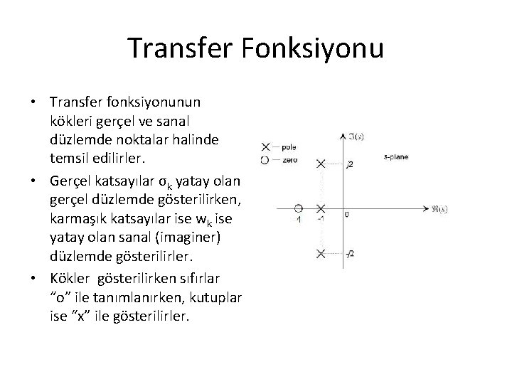 Transfer Fonksiyonu • Transfer fonksiyonunun kökleri gerçel ve sanal düzlemde noktalar halinde temsil edilirler. Transfer Fonksiyonu • Transfer fonksiyonunun kökleri gerçel ve sanal düzlemde noktalar halinde temsil edilirler.