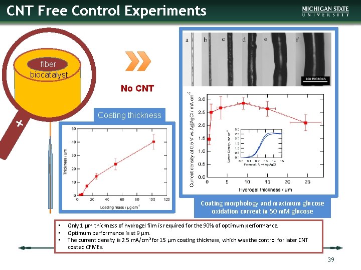 CNT Free Control Experiments fiber biocatalyst No CNT Coating thickness + Coating morphology and