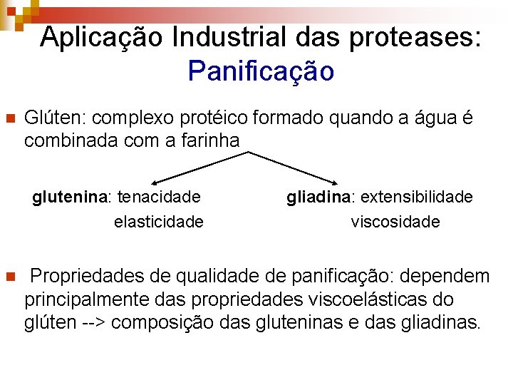 Aplicação Industrial das proteases: Panificação n Glúten: complexo protéico formado quando a água é