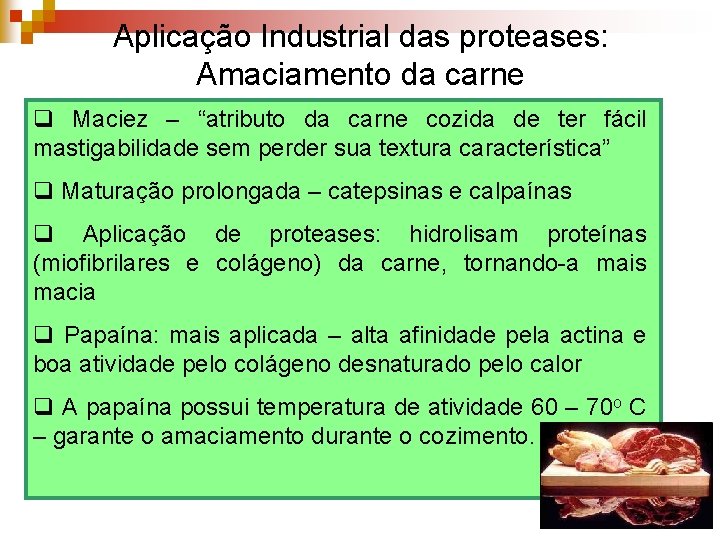 Aplicação Industrial das proteases: Amaciamento da carne q Maciez – “atributo da carne cozida