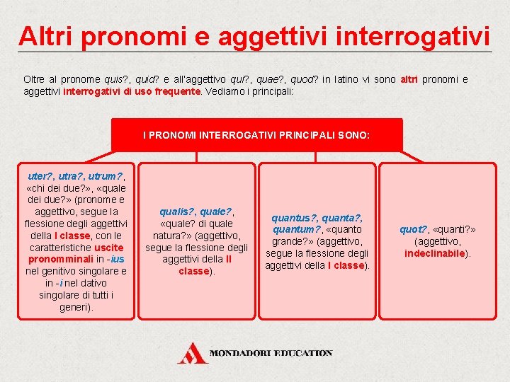 Altri pronomi e aggettivi interrogativi Oltre al pronome quis? , quid? e all’aggettivo qui?