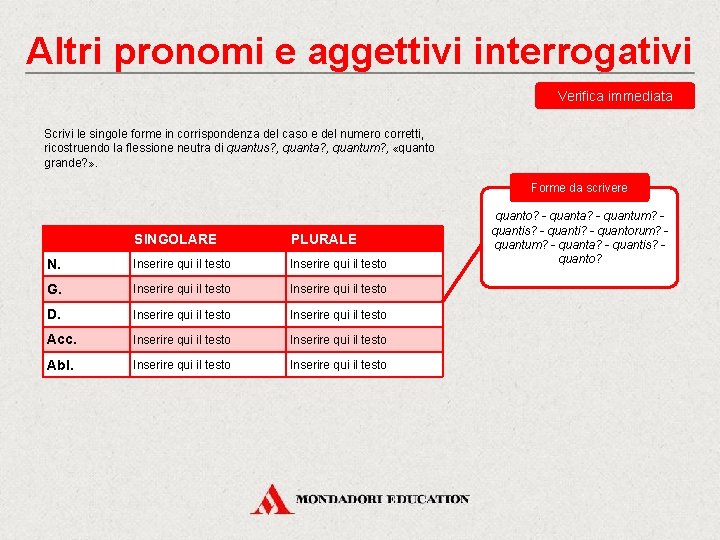 Altri pronomi e aggettivi interrogativi Verifica immediata Scrivi le singole forme in corrispondenza del