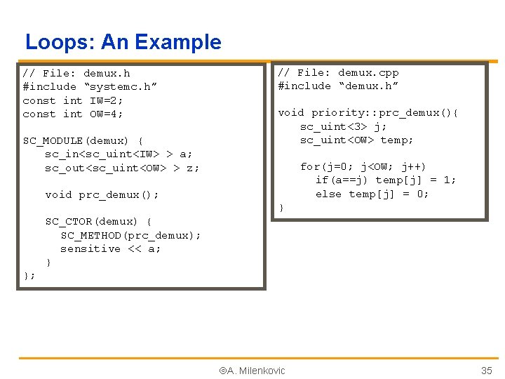 Loops: An Example // File: demux. h #include “systemc. h” const int IW=2; const