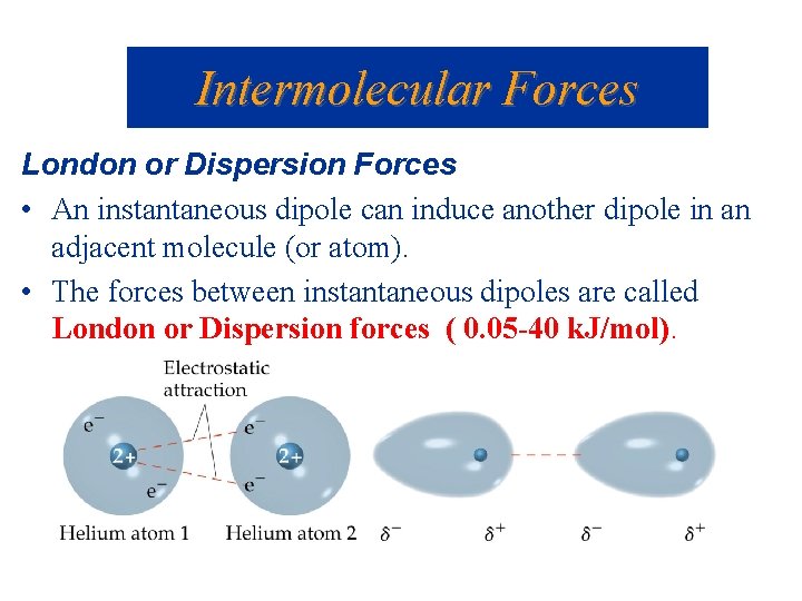 Intermolecular Forces London or Dispersion Forces • An instantaneous dipole can induce another dipole