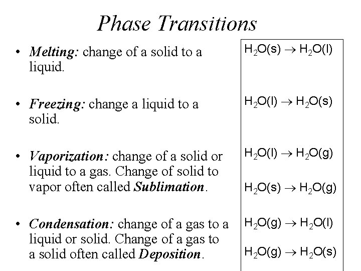 Phase Transitions • Melting: change of a solid to a liquid. H 2 O(s)