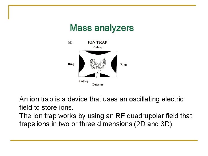 Mass analyzers An ion trap is a device that uses an oscillating electric field
