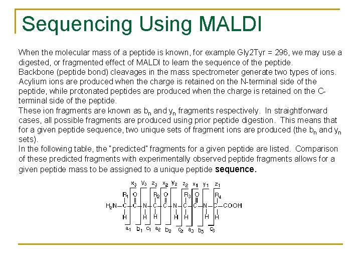 Sequencing Using MALDI When the molecular mass of a peptide is known, for example