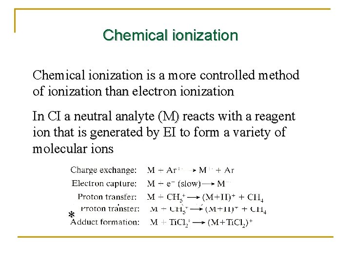 Chemical ionization is a more controlled method of ionization than electron ionization In CI