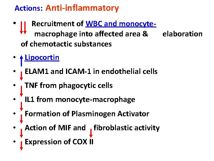 Actions: Anti-inflammatory • Recruitment of WBC and monocytemacrophage into affected area & of chemotactic