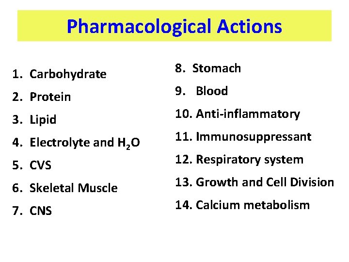 Pharmacological Actions 1. Carbohydrate 8. Stomach 2. Protein 9. Blood 3. Lipid 10. Anti-inflammatory