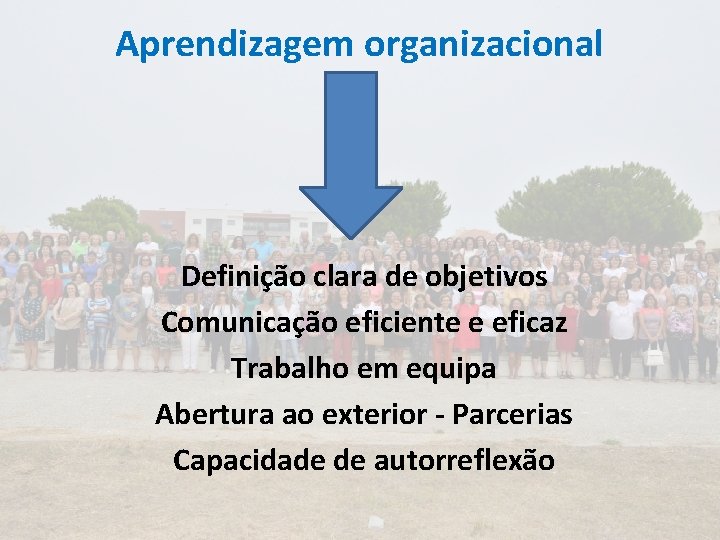 Aprendizagem organizacional Definição clara de objetivos Comunicação eficiente e eficaz Trabalho em equipa Abertura