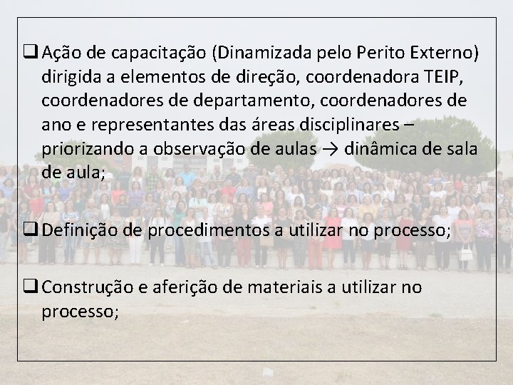 q Ação de capacitação (Dinamizada pelo Perito Externo) dirigida a elementos de direção, coordenadora