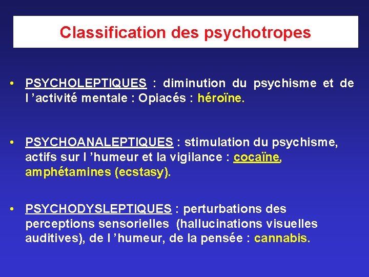 Classification des psychotropes • PSYCHOLEPTIQUES : diminution du psychisme et de l ’activité mentale Classification des psychotropes • PSYCHOLEPTIQUES : diminution du psychisme et de l ’activité mentale