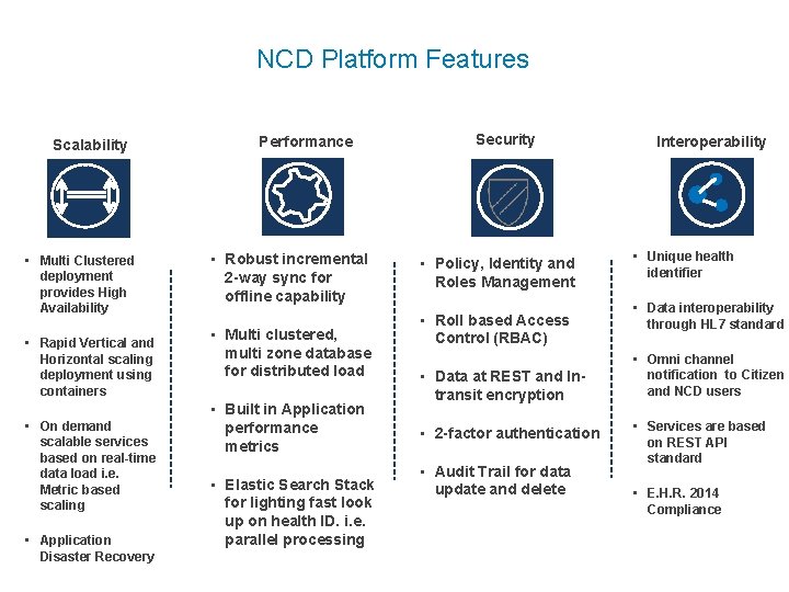 NCD Platform Features Scalability • Multi Clustered deployment provides High Availability • Rapid Vertical