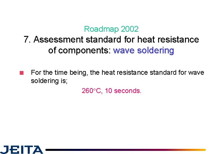 Roadmap 2002 7. Assessment standard for heat resistance of components: wave soldering ■ For