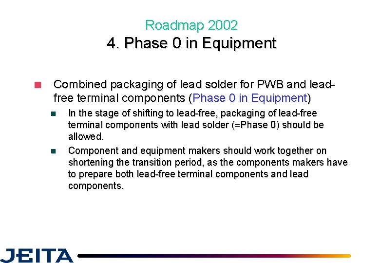 Roadmap 2002 4. Phase 0 in Equipment ■ Combined packaging of lead solder for