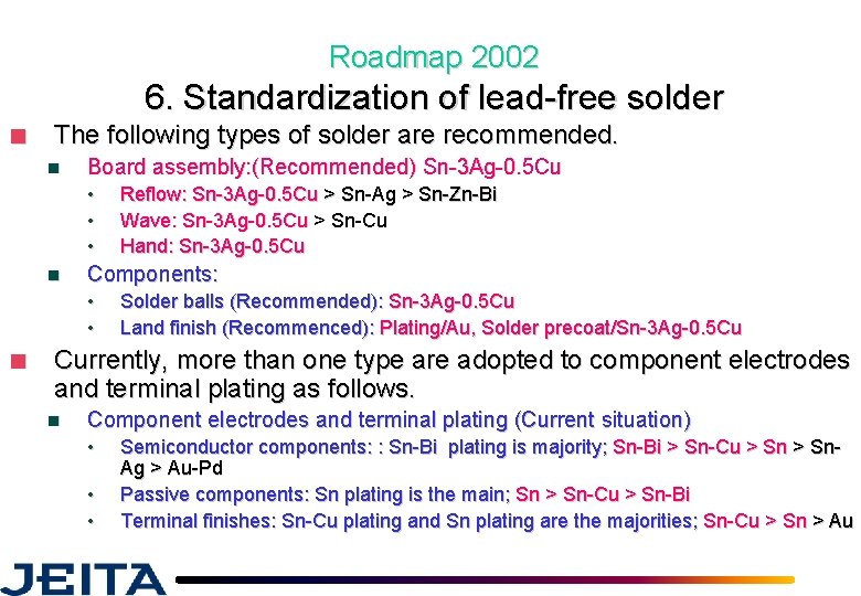 Roadmap 2002 6. Standardization of lead-free solder ■ The following types of solder are