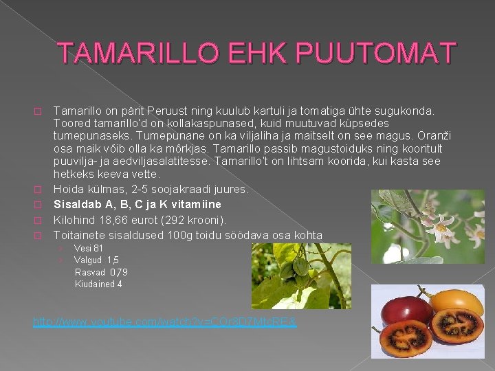TAMARILLO EHK PUUTOMAT � � � Tamarillo on pärit Peruust ning kuulub kartuli ja