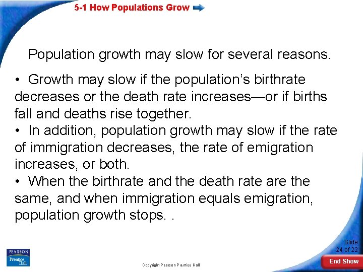 5 -1 How Populations Grow Population growth may slow for several reasons. • Growth