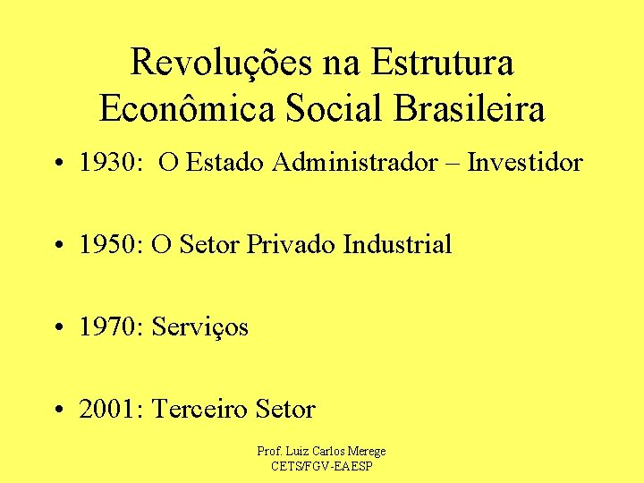 Revoluções na Estrutura Econômica Social Brasileira • 1930: O Estado Administrador – Investidor •