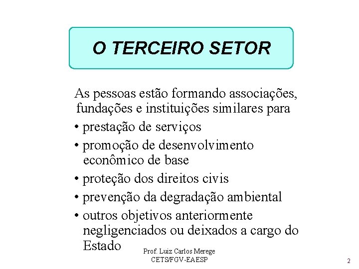 O TERCEIRO SETOR OOTERCEIRO SETOR As pessoas estão formando associações, fundações e instituições similares