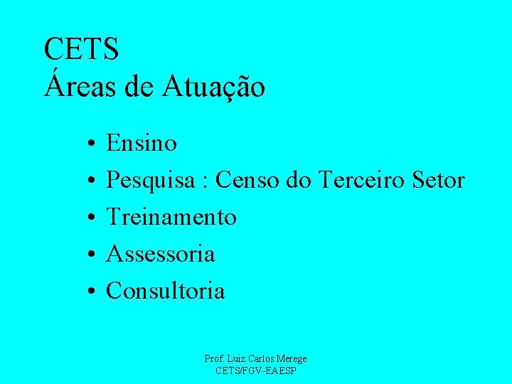 CETS Áreas de Atuação • • • Ensino Pesquisa : Censo do Terceiro Setor