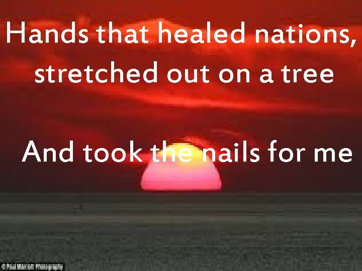 Hands that healed nations, stretched out on a tree And took the nails for