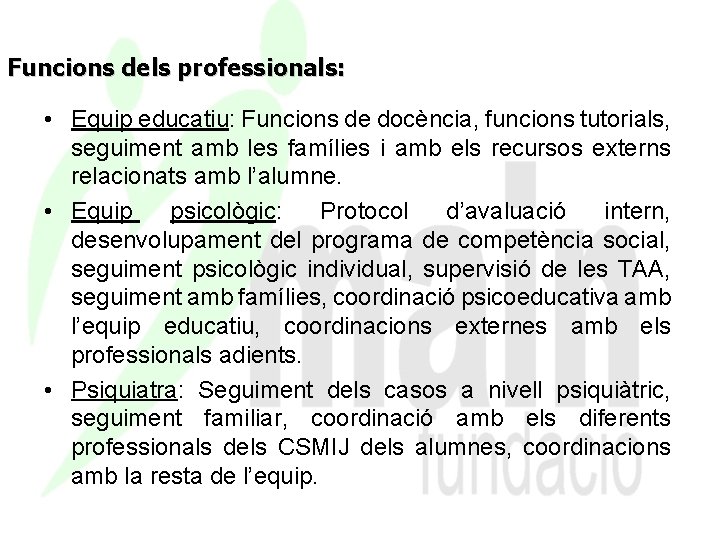 Funcions dels professionals: • Equip educatiu: Funcions de docència, funcions tutorials, seguiment amb les