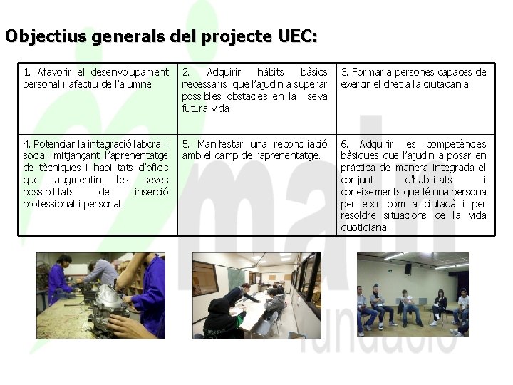 Objectius generals del projecte UEC: 1. Afavorir el desenvolupament personal i afectiu de l’alumne