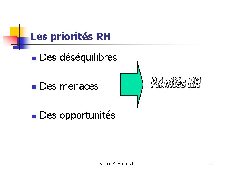 Les priorités RH n Des déséquilibres n Des menaces n Des opportunités Victor Y.