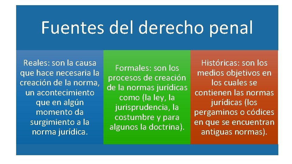 Fuentes del derecho penal Reales: son la causa Históricas: son los Formales: son los