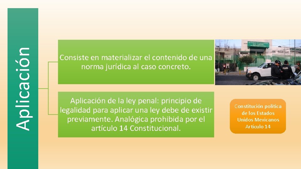 Aplicación Consiste en materializar el contenido de una norma jurídica al caso concreto. Aplicación