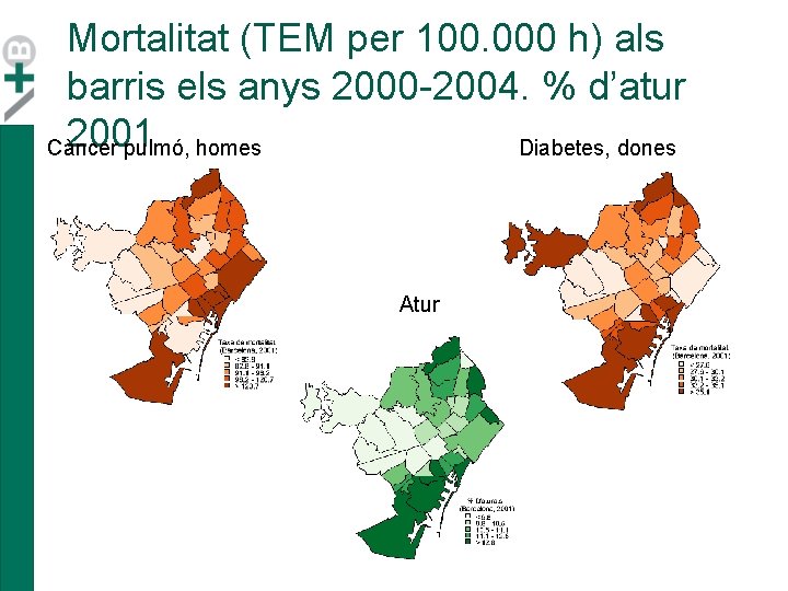 Mortalitat (TEM per 100. 000 h) als barris els anys 2000 -2004. % d’atur Mortalitat (TEM per 100. 000 h) als barris els anys 2000 -2004. % d’atur