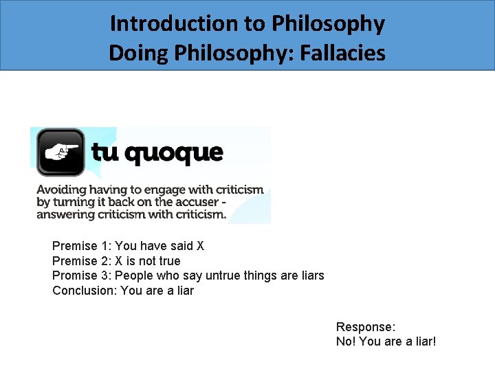 Introduction to Philosophy Doing Philosophy: Fallacies Premise 1: You have said X Premise 2: