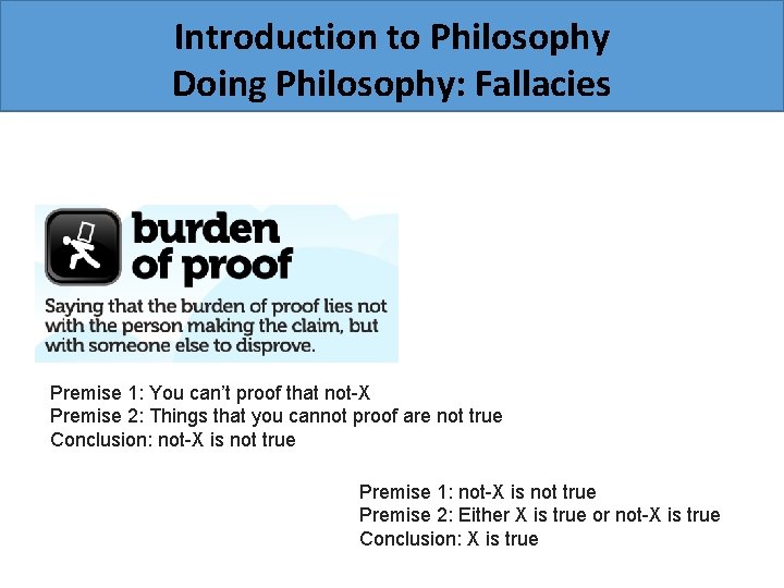 Introduction to Philosophy Doing Philosophy: Fallacies Premise 1: You can’t proof that not-X Premise