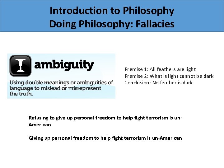 Introduction to Philosophy Doing Philosophy: Fallacies Premise 1: All feathers are light Premise 2: