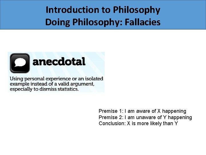 Introduction to Philosophy Doing Philosophy: Fallacies Premise 1: I am aware of X happening
