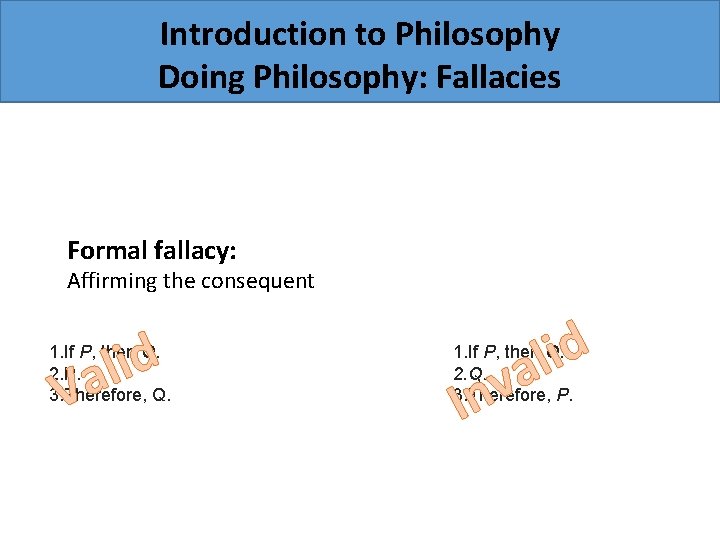 Introduction to Philosophy Doing Philosophy: Fallacies Formal fallacy: Affirming the consequent d i l
