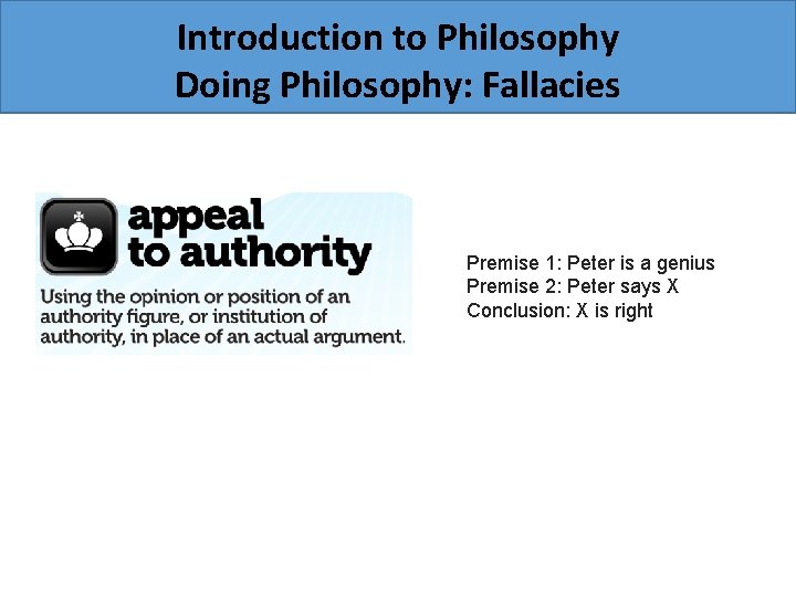 Introduction to Philosophy Doing Philosophy: Fallacies Premise 1: Peter is a genius Premise 2:
