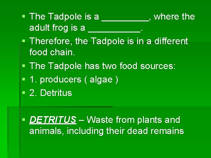 § The Tadpole is a _____, where the adult frog is a _____. §