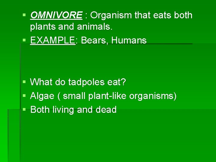 § OMNIVORE : Organism that eats both plants and animals. § EXAMPLE: Bears, Humans