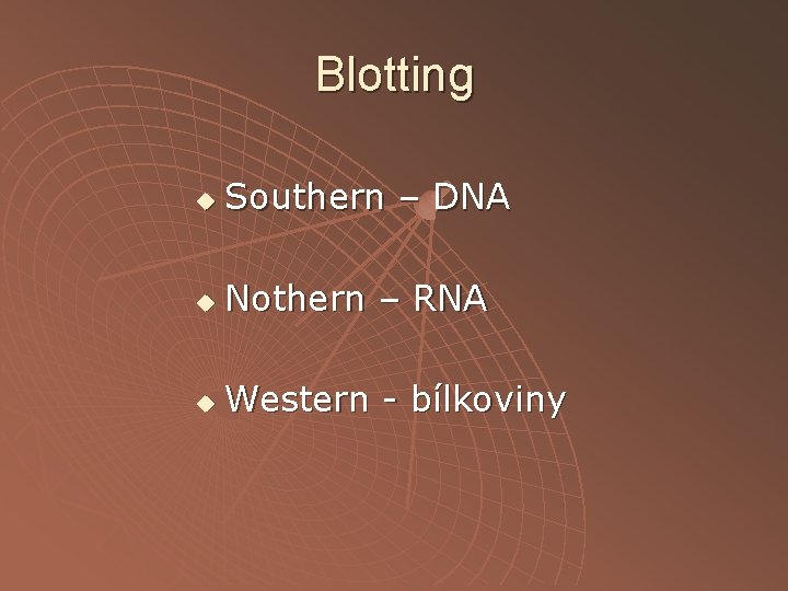 Blotting u Southern – DNA u Nothern – RNA u Western - bílkoviny 