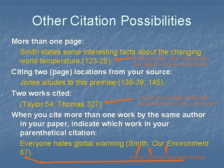 Other Citation Possibilities More than one page: Smith states some interesting facts about the