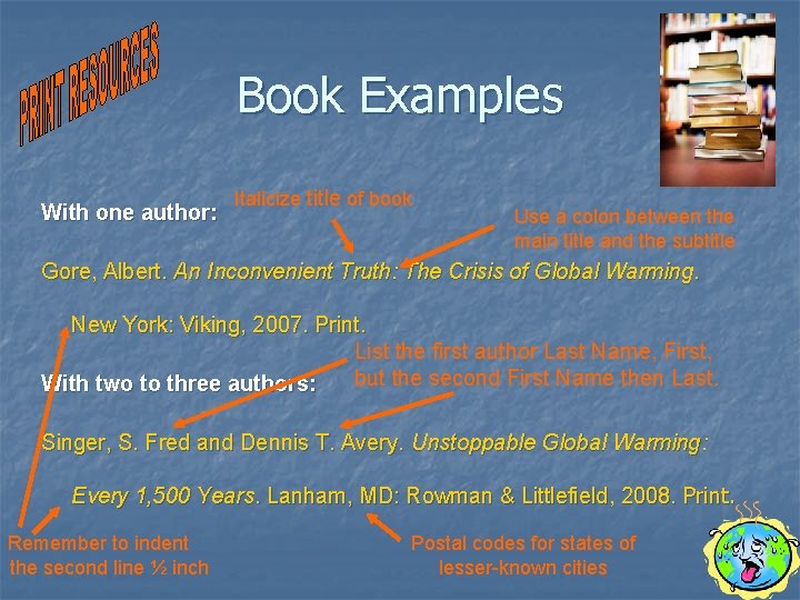Book Examples With one author: Italicize title of book Use a colon between the