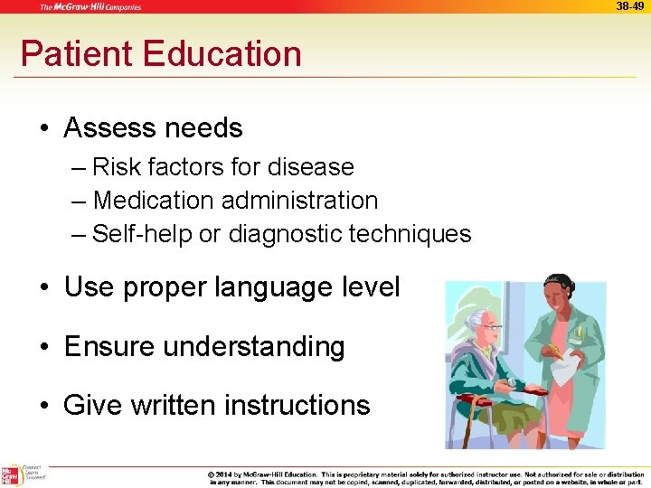 38 -49 Patient Education • Assess needs – Risk factors for disease – Medication