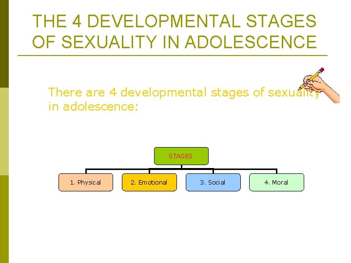 THE 4 DEVELOPMENTAL STAGES OF SEXUALITY IN ADOLESCENCE There are 4 developmental stages of