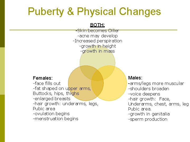 Puberty & Physical Changes BOTH: -Skin becomes Oilier -acne may develop -Increased perspiration -growth