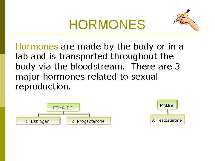 HORMONES Hormones are made by the body or in a lab and is transported