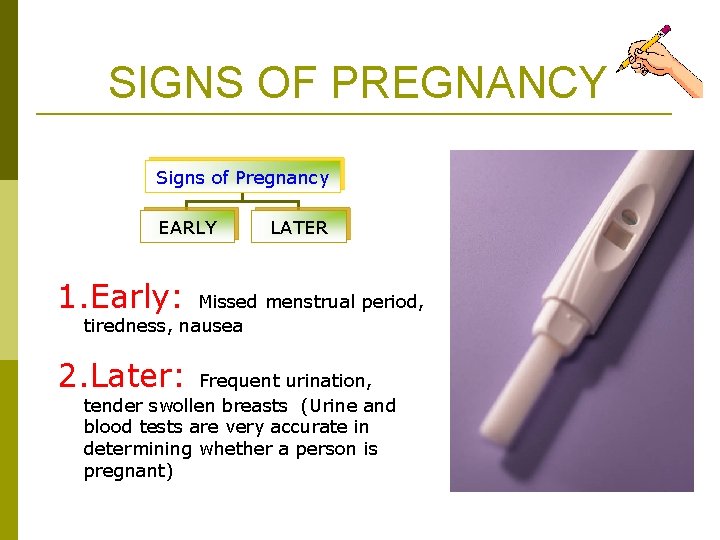 SIGNS OF PREGNANCY Signs of Pregnancy EARLY LATER 1. Early: Missed menstrual period, tiredness,