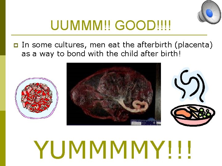UUMMM!! GOOD!!!! p In some cultures, men eat the afterbirth (placenta) as a way